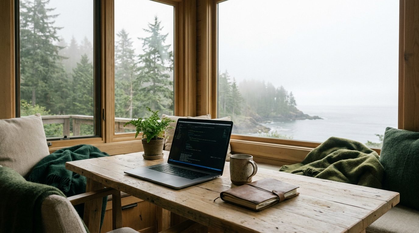 A senior engineer's home studio — laptop with a Rails codebase open, beside a window onto a misty Pacific Northwest evergreen coastline