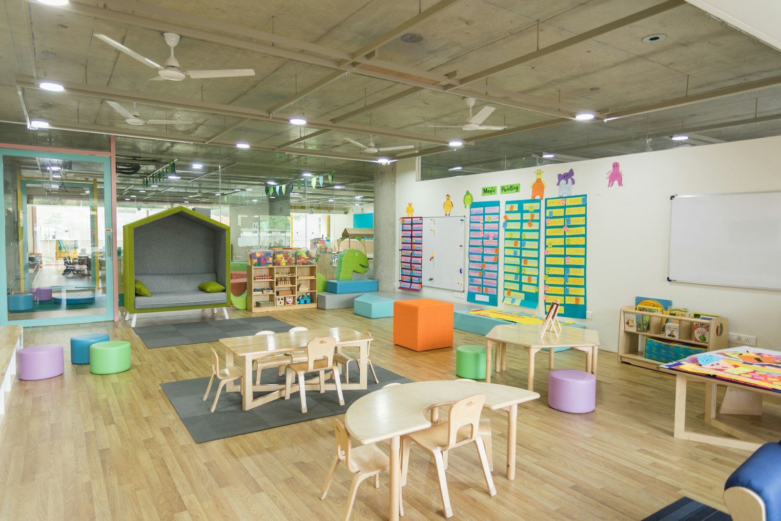 Bright modern preschool classroom interior